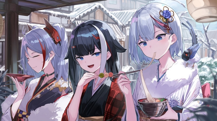Azur Lane women in Japanese clothes enjoying food