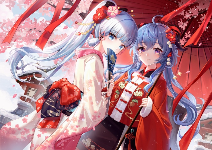 Kamisato Ayaka and Yun Ting with Cherry Blossoms and Snow