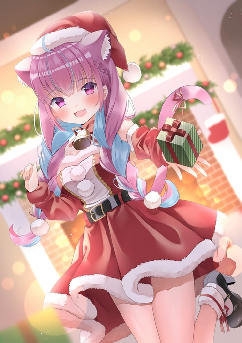 Minato Aqua in Santa Costume Holding a Present