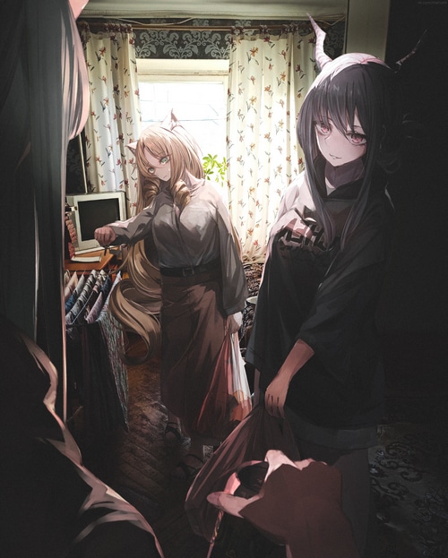 Arknights Chen and companion in a room