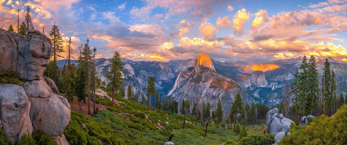 Yosemite National Park at sunset with Half Dome