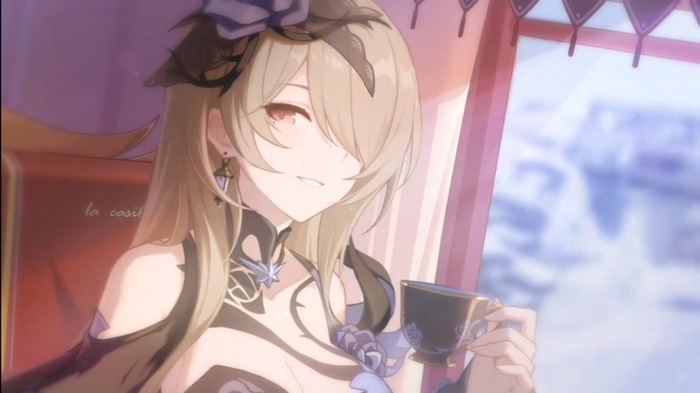 Rita Rossweisse from Honkai Impact holding a teacup