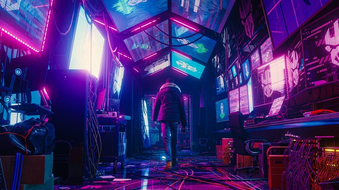 Spider-Man Miles Morales in a futuristic room