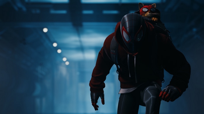 Spider-Man Miles Morales with a cat on his back