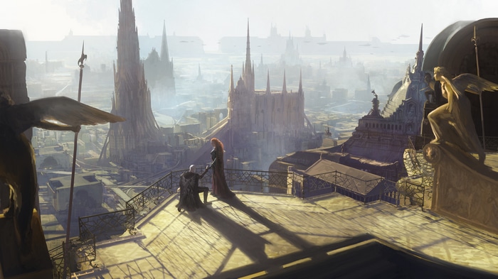 Fantasy Cityscape with a Couple Proposing