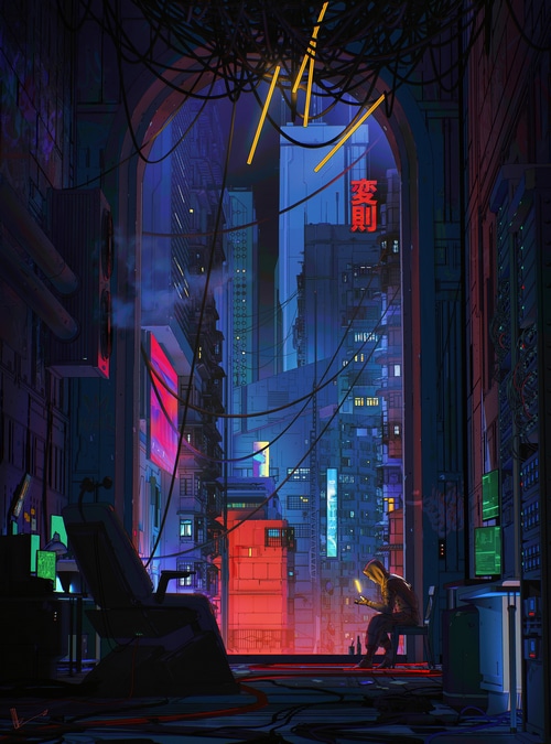 Cyberpunk city alley with a person using a phone
