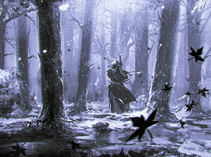Samurai in a snowy forest with falling leaves