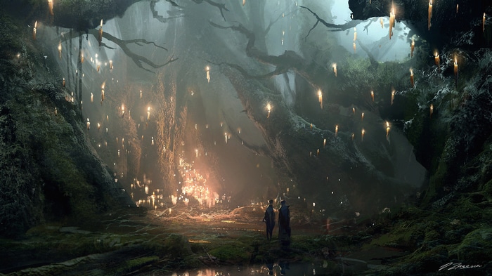 Fantasy art of a mystical forest with candles