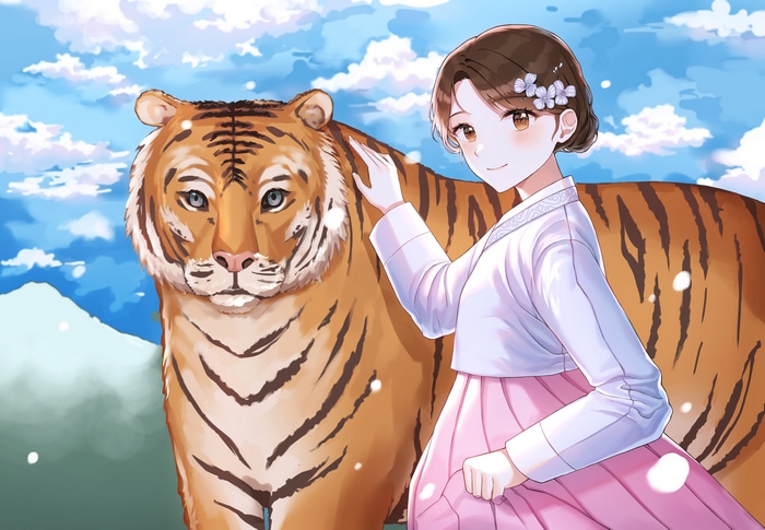 Girl in Hanbok petting a tiger