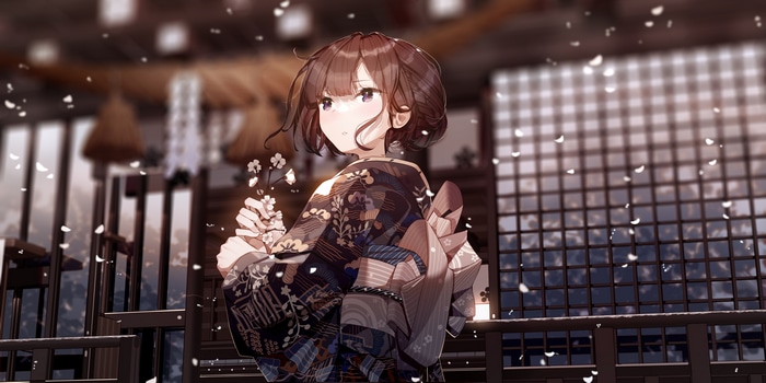 Atha in Kimono with Falling Petals
