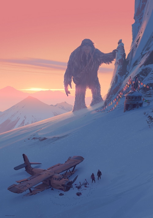 Yeti and crashed plane in snowy mountains at sunset