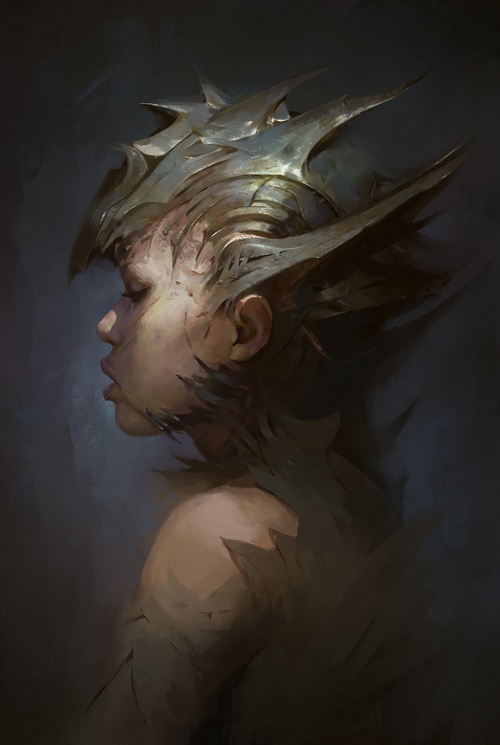 Fantasy girl in spiky armor, profile view