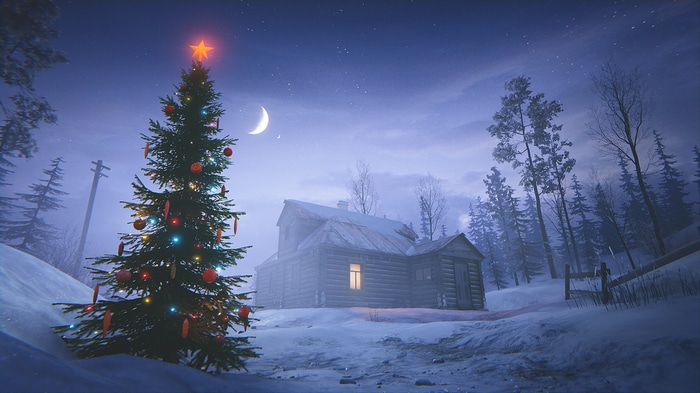 Christmas tree and house in snowy night