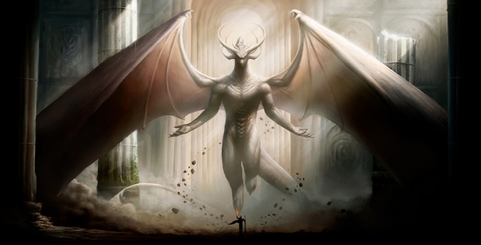 Dragon deity with outstretched arms in ancient ruins