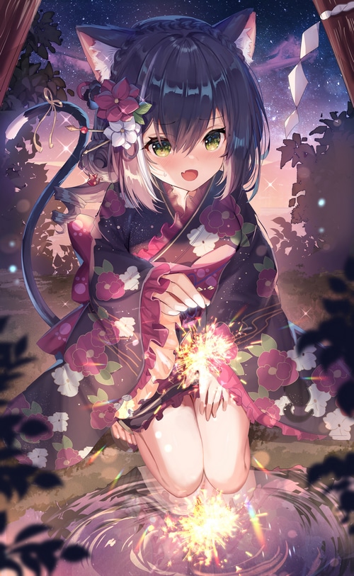 Cat girl in kimono holding sparklers