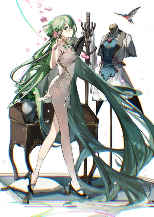 Hatsune Miku in a Chinese dress with green hair