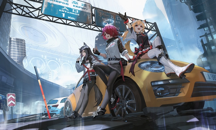 Arknights characters Texas, Sora, and Nimbus with a car