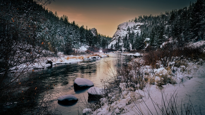 4K Winter Landscape with River and Snow-Covered Trees