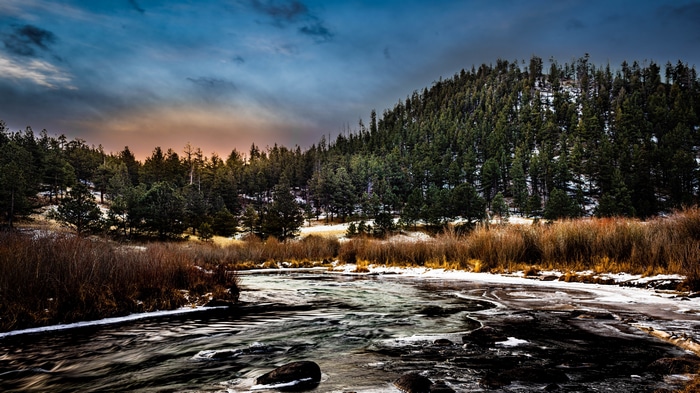 4K River Landscape with Snow and Forest
