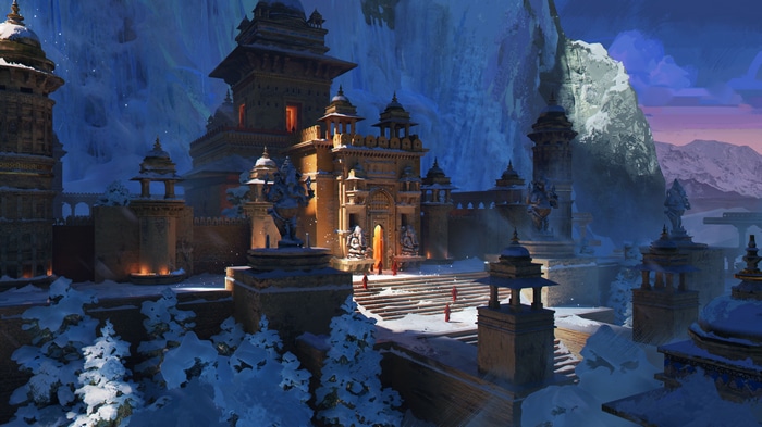 Snowy temple complex in the mountains