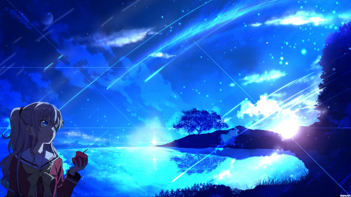 Girl with apple under shooting stars