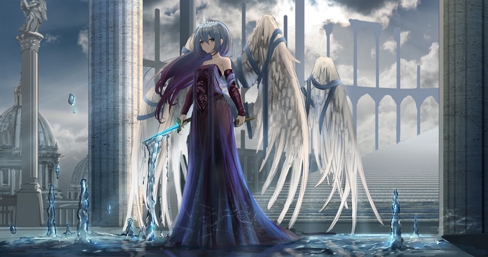 Fantasy girl with wings and sword in ruins