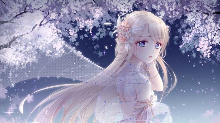 Anime girl with blonde hair and blue eyes under trees