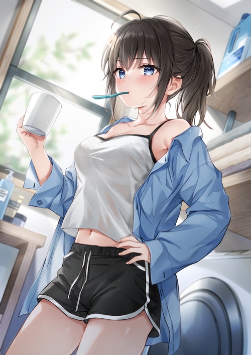 Yumesaki brushing teeth with a cup