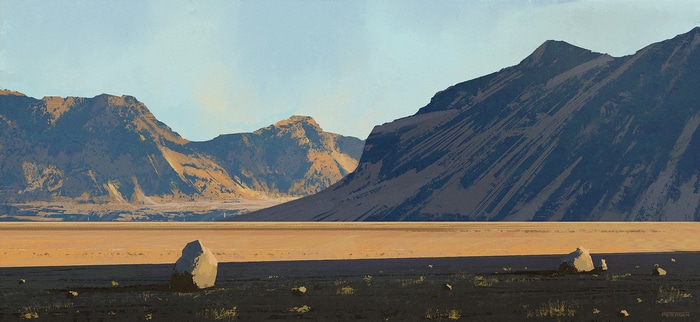Artwork of mountains and a desert landscape