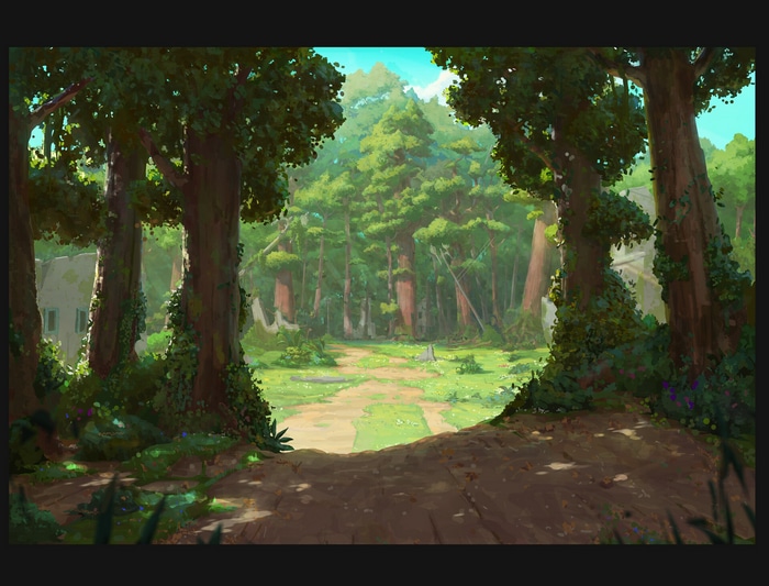 A path through a sunlit forest with large trees