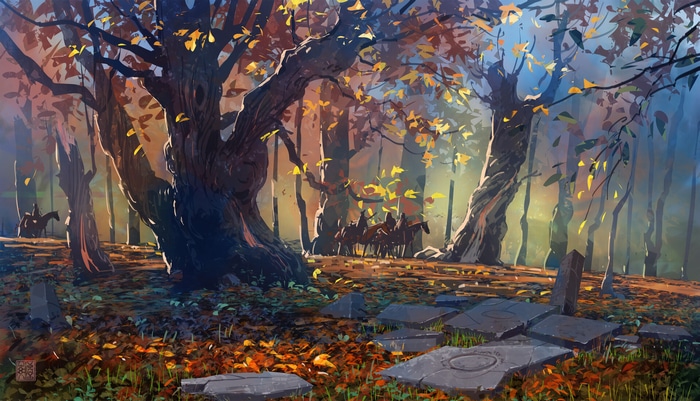 Horsemen in a fall forest with gravestones