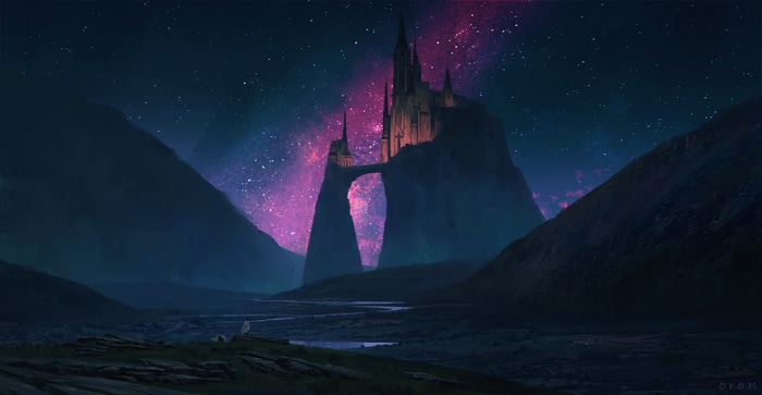 Castle on a mountain under a galaxy sky