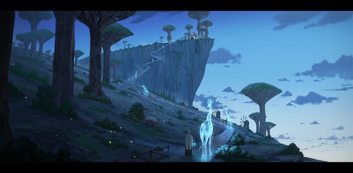 Fantasy landscape with glowing giraffes and ancient trees