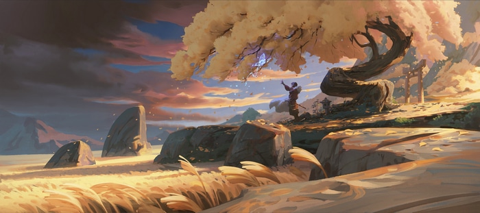 Man reaching for a glowing butterfly under a tree