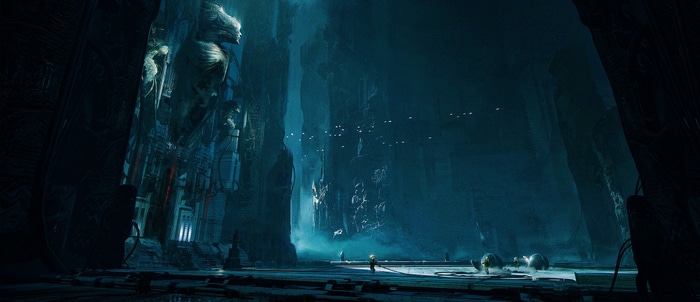 Alien Engineers' chamber with figures and eggs