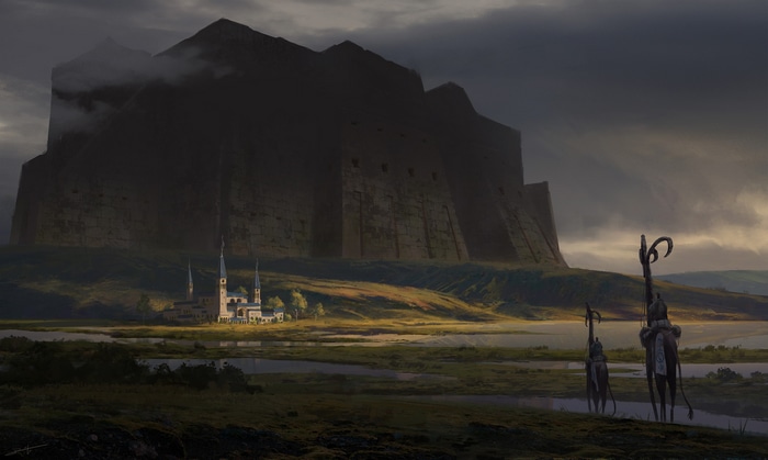 Giant fortress overlooking a village and marshland