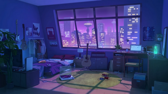 Anime bedroom with city view at night