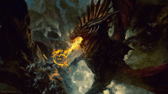 Dragon breathing fire at a knight in a cave