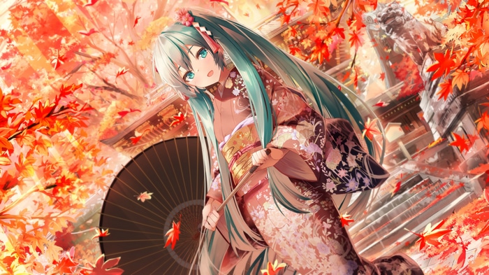 Hatsune Miku in Kimono with Umbrella in Autumn