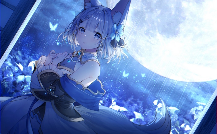 Noyu the fox girl in a blue dress under the moon