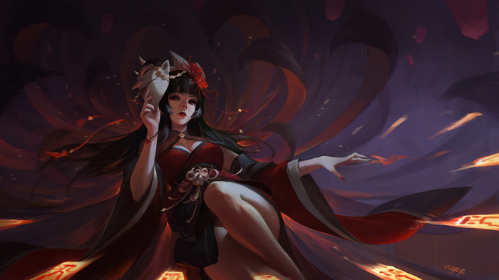 Higanbana from Onmyouji holding a mask