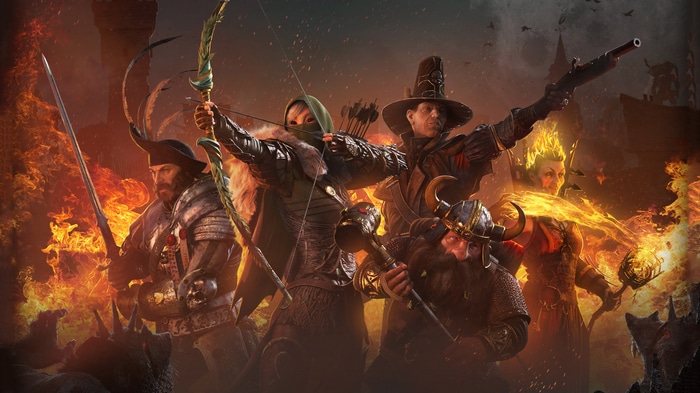Warhammer Vermintide Characters with Weapons and Fire