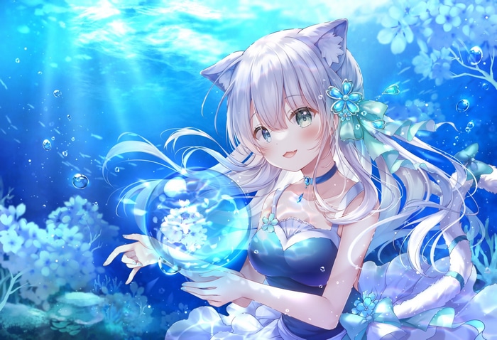 Cat girl holding a glowing orb underwater