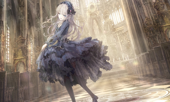 Anime girl with silver hair in a Gothic dress inside a cathedral