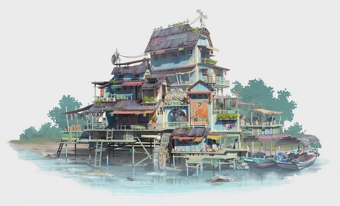 Labuu's stilt house on the water with boats