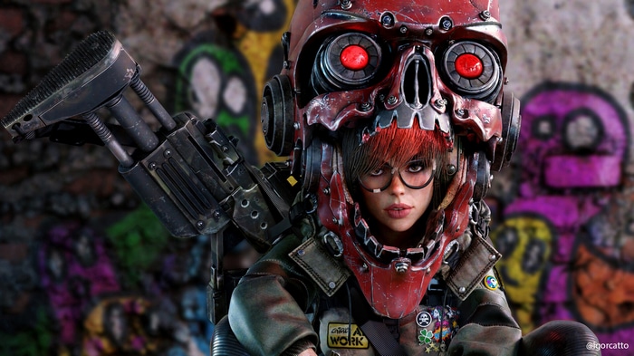 Woman with skull helmet and weapon by Igor Catto