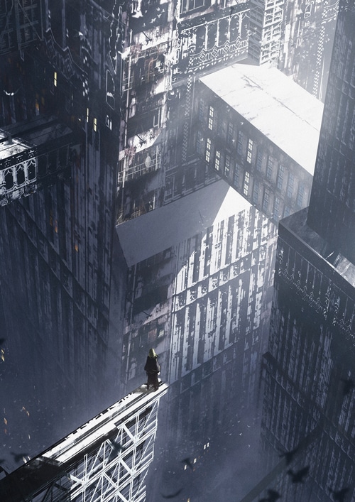 Person standing on a bridge in a futuristic city