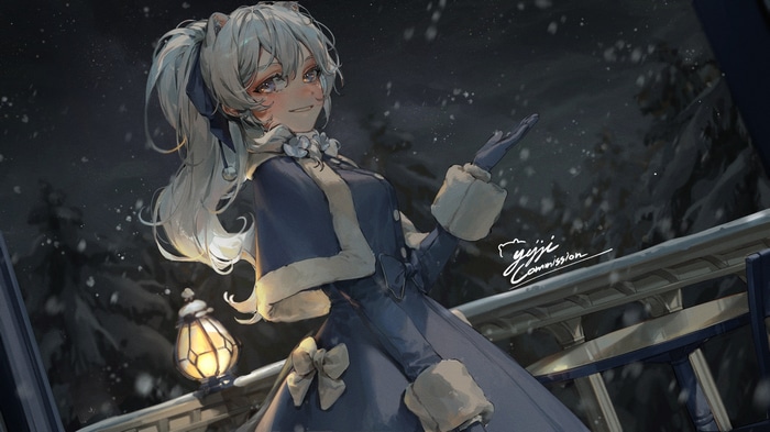 Anime girl with silver hair in a blue coat in the snow