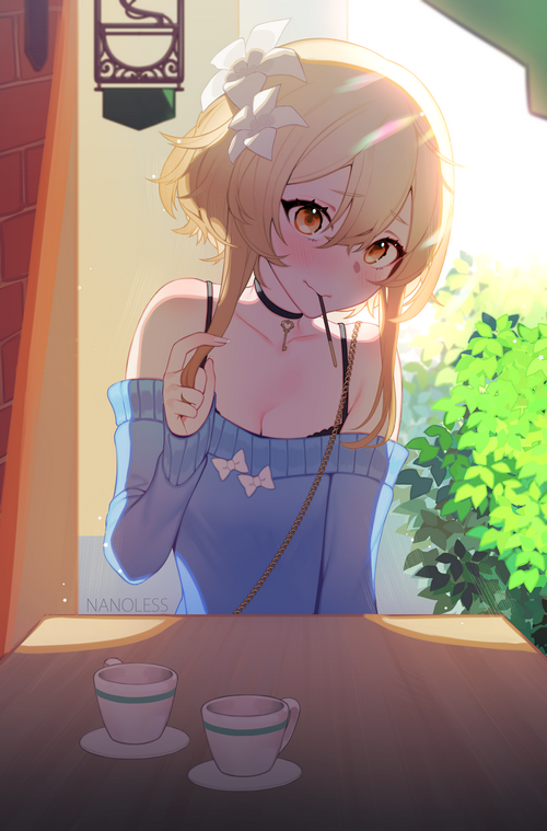 Lumine from Genshin Impact at a cafe