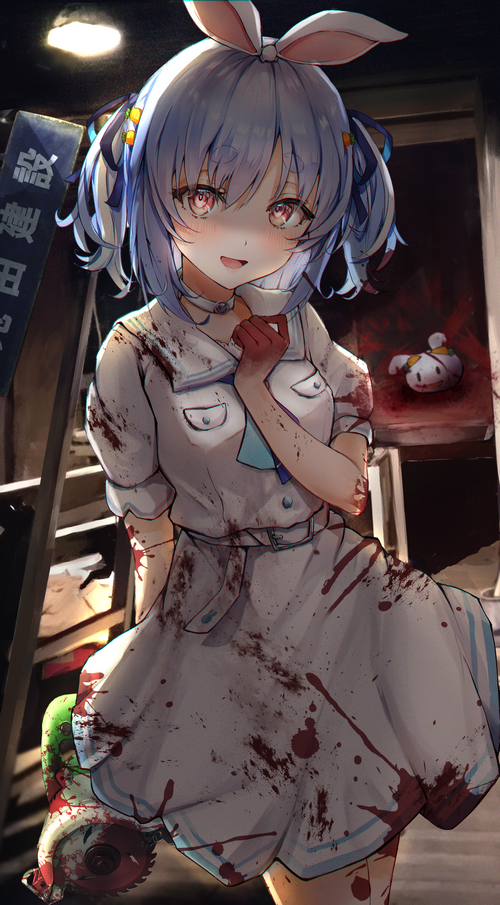 Usada Pekora covered in blood holding a chainsaw